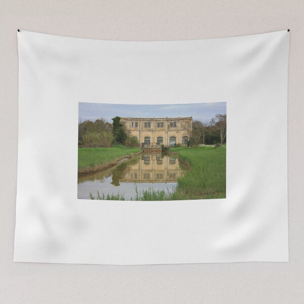 Item preview, natural panorama with an ancient industrial structure the old dewatering building on the Arno river among the green grass in coltano pisa tuscany designed and sold by alessiapenny.