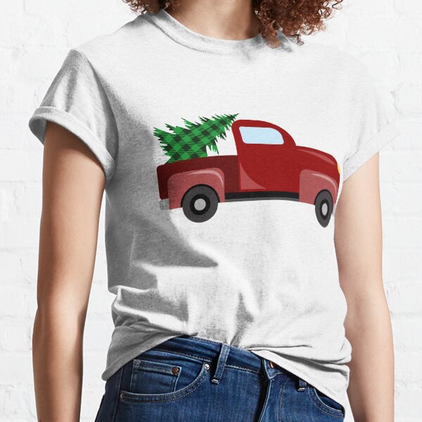 Christmas red truck with christmas tree with green buffalo plaid Classic T-Shirt