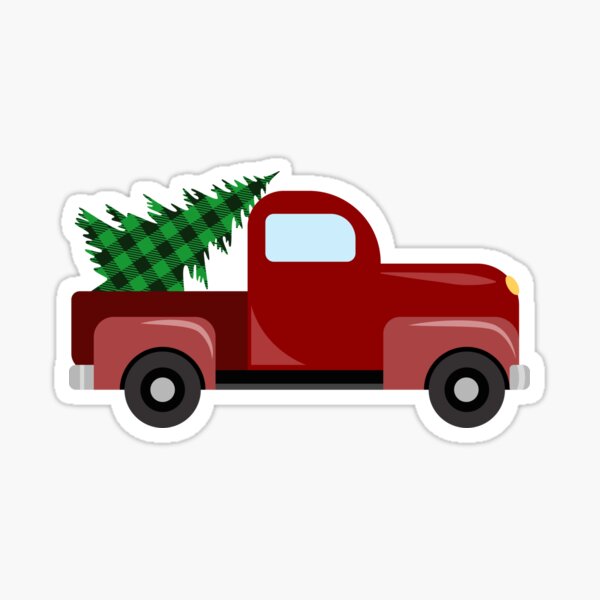 Christmas red truck with christmas tree with green buffalo plaid Sticker