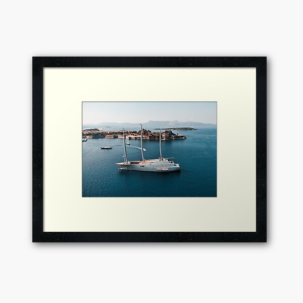 Superyacht at old Fortress of Corfu Framed Art Print