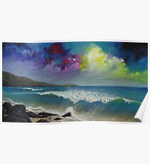 Original colorful seascape painting with ocean waves and a bright bold stormy sky Poster