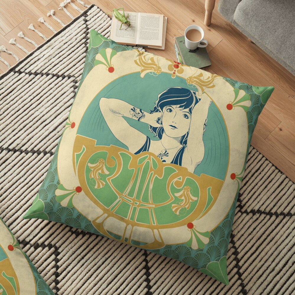 Coussin de sol « Parure Poisson bleu - Illustration Art Nouveau»