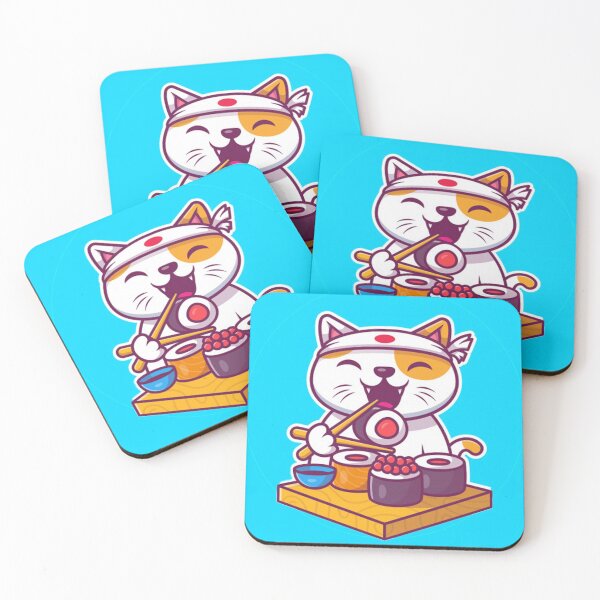 Item preview, Cute kitten eating sushi cartoon designed and sold by MisoraA.