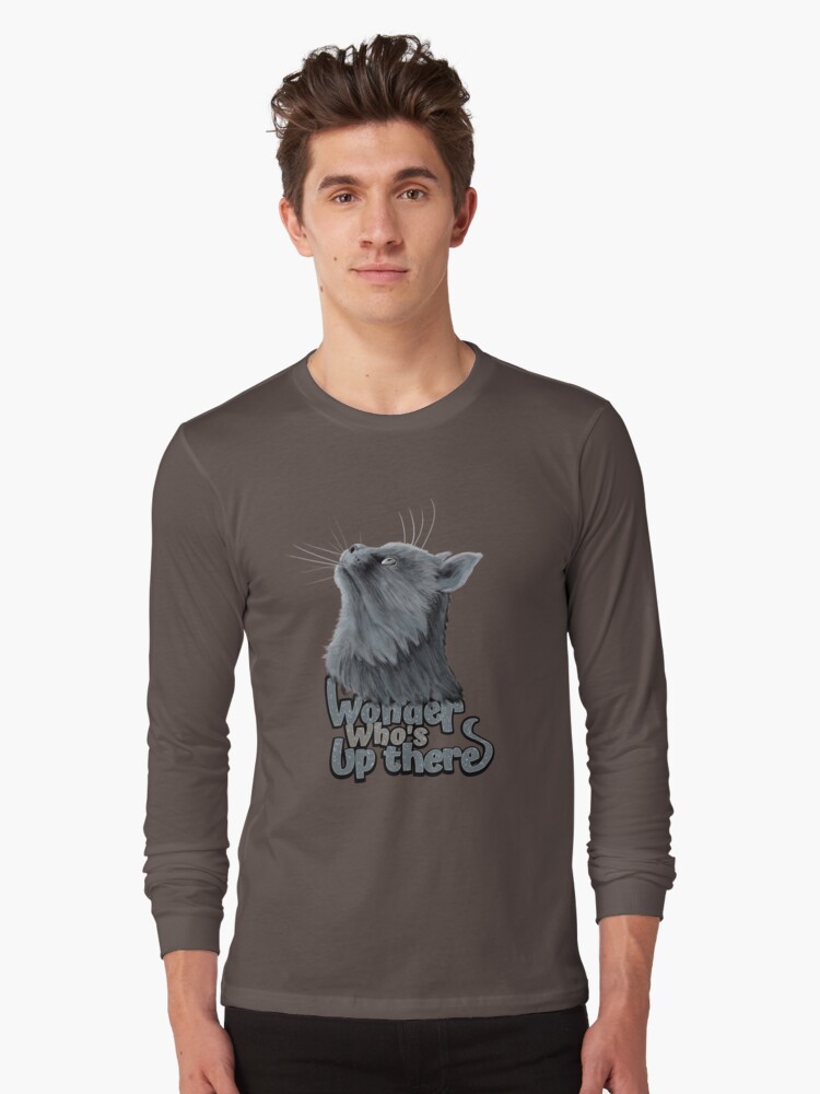 Thumbnail 1 of 5, Long Sleeve T-Shirt, Cute cat wonder who's up there designed and sold by MarkozeArts.