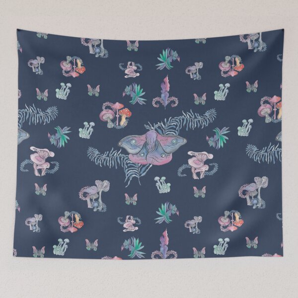 Item preview, Mystical moths and mushrooms in Midnight Blue designed and sold by heydaydesign.