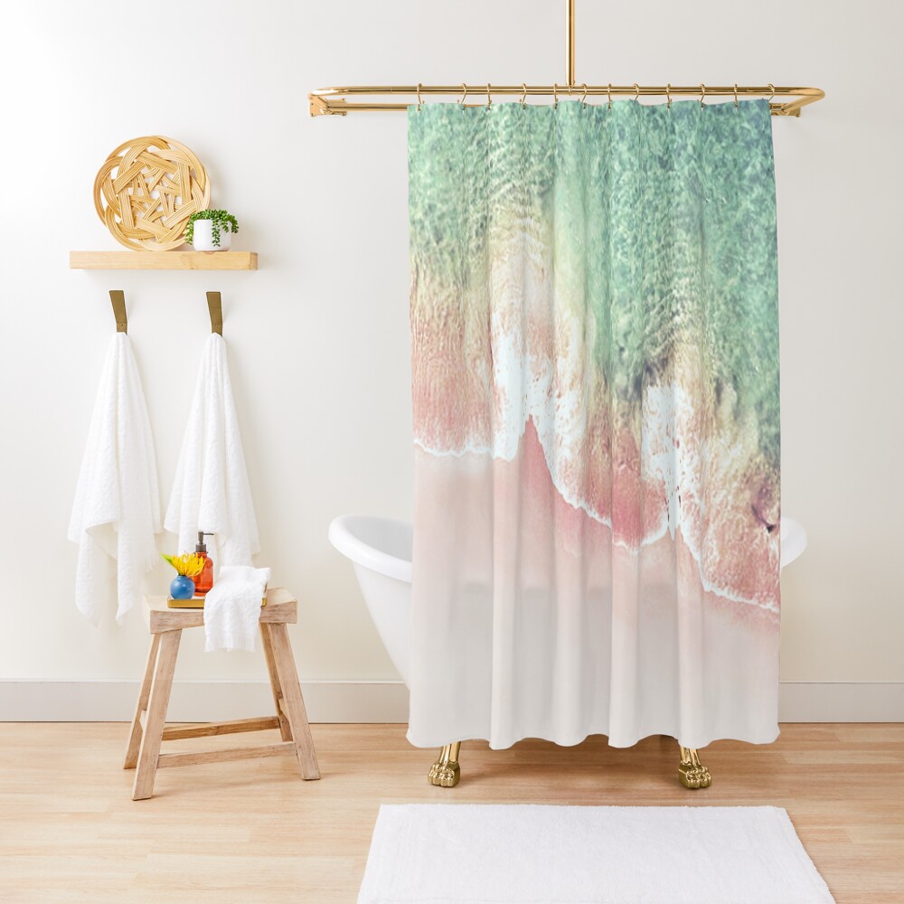 Green and Coral Ocean Seashore and Scalloped Coral Beach Waves Shower Curtain