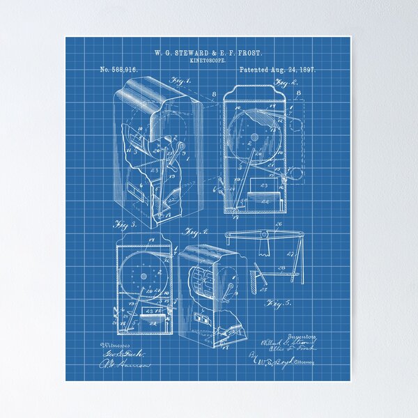 Item preview, Kinetoscope 1897 patent blue grid designed and sold by InkedArtPrints.