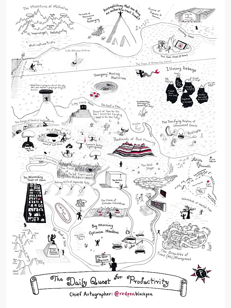 Thumbnail 3 of 3, Journal, The Map of the Quest for Daily Productivity designed and sold by redpenblackpen.
