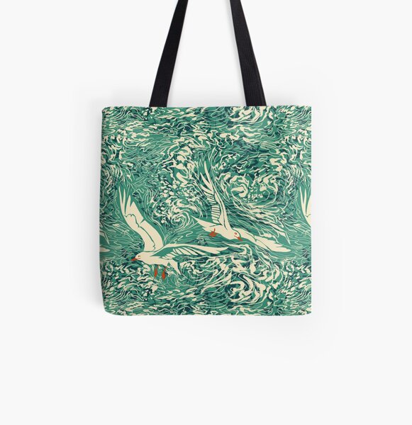 Teal Sea Gulls All Over Print Tote Bag