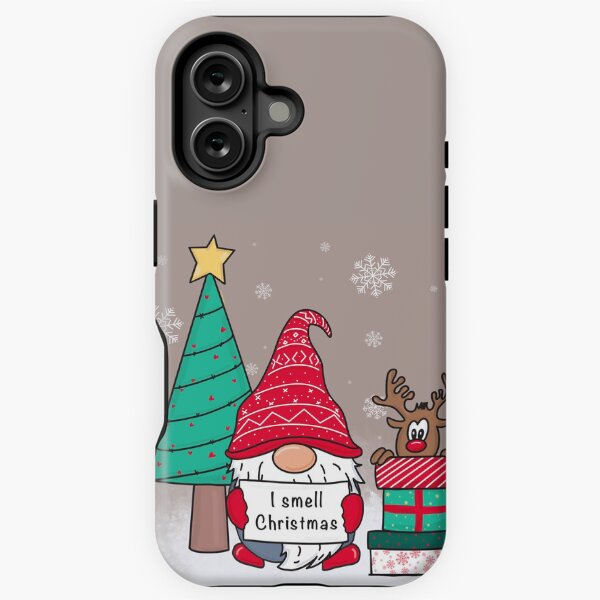 Item preview, I Smell Christmas gnome with red hat holding sign Xmas tree and hiding reindeer behind presents designed and sold by expresivedesign.