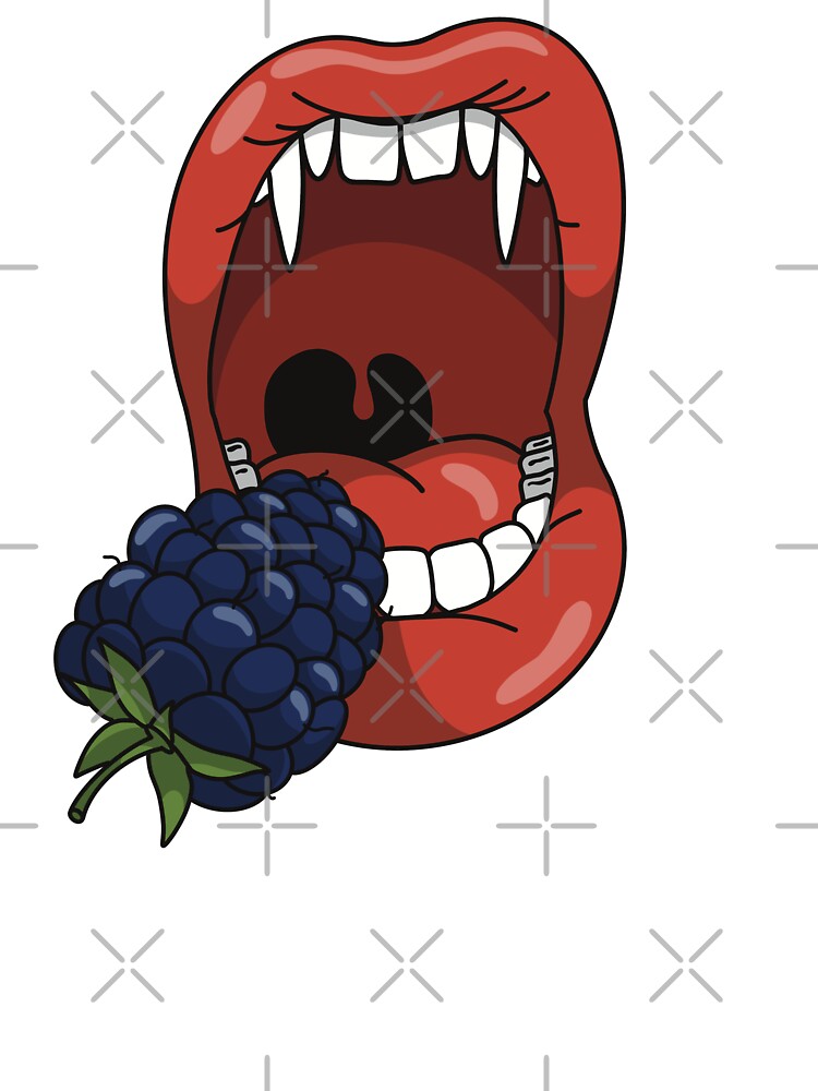 Mouth with Vampire teeth about to eat a blue blueberry. Kids T
