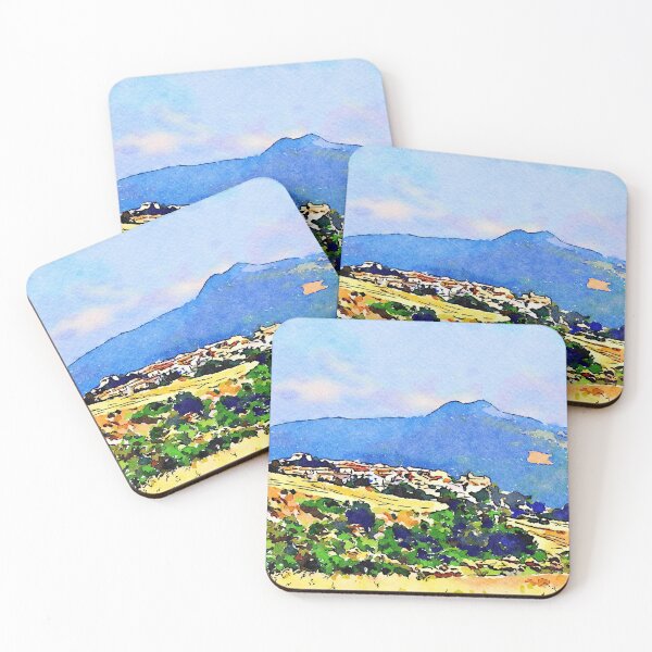 Item preview, Borrello: agricultural landscape with village, mountains and pink clouds designed and sold by Giuseppe Cocco.