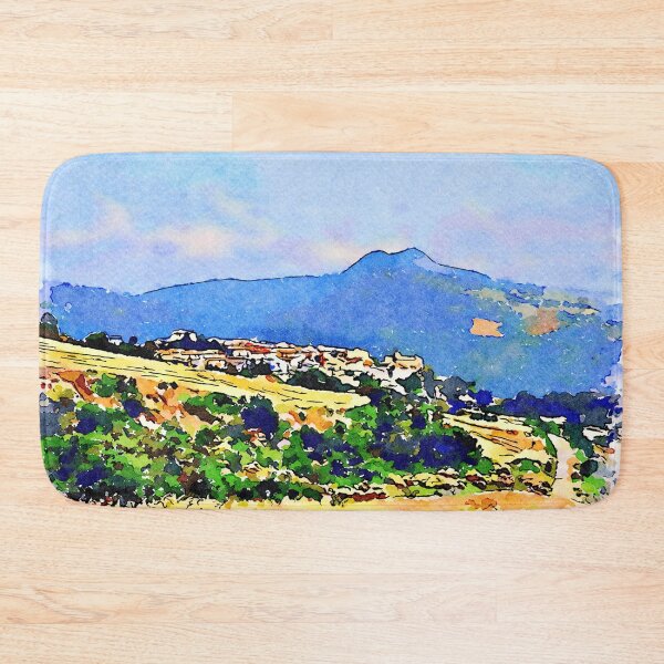 Item preview, Borrello: agricultural landscape with village, mountains and pink clouds designed and sold by Giuseppe Cocco.