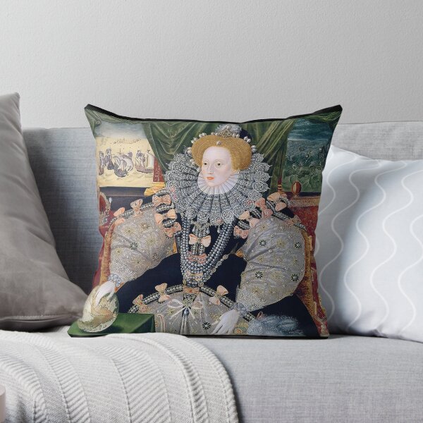 représenté en arrière-plan. La main d'Elizabeth repose sur le globe Coussin