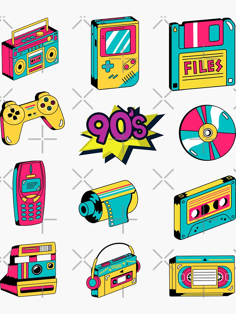 Collection of colorful stickers, icons in 90s style. Retro set