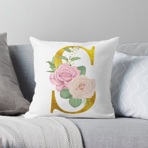 Gold & Pink Floral Monogram S Throw Pillow