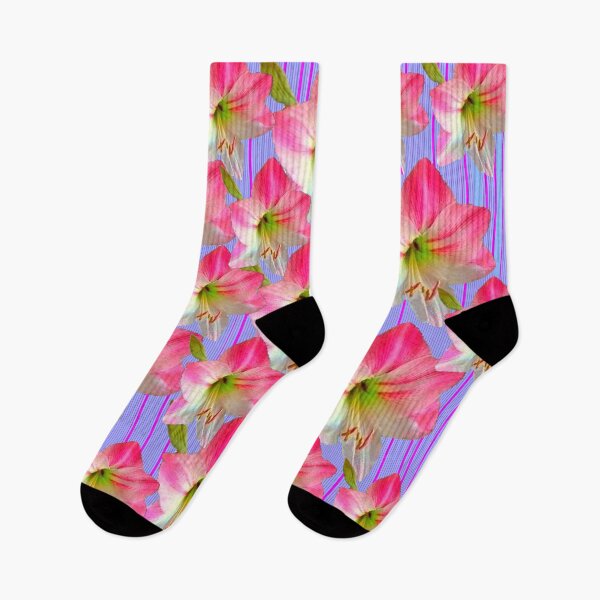 Item preview, ABSTRACT PINK AMARYLLIS GARDEN FLOWERS ON PATTERNED BLUE ART designed and sold by sharlesart.