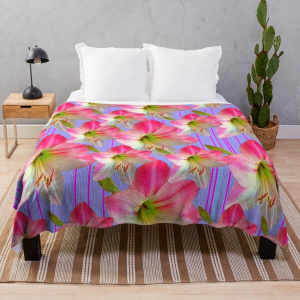 Item preview, ABSTRACT PINK AMARYLLIS GARDEN FLOWERS ON PATTERNED BLUE ART designed and sold by sharlesart.