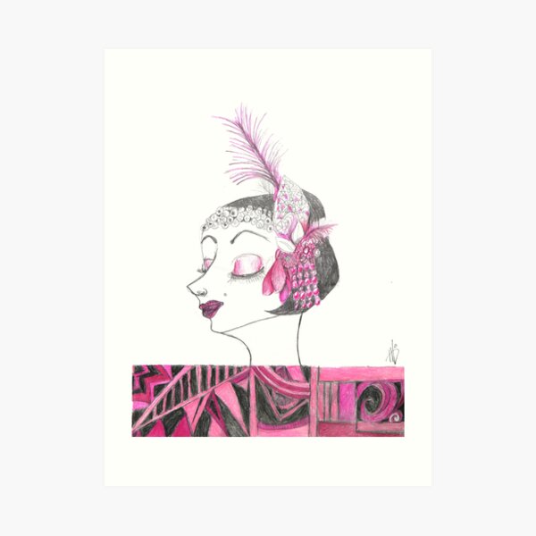 Art Deco Inspired Flapper In Hot Pink Fashion Art Print