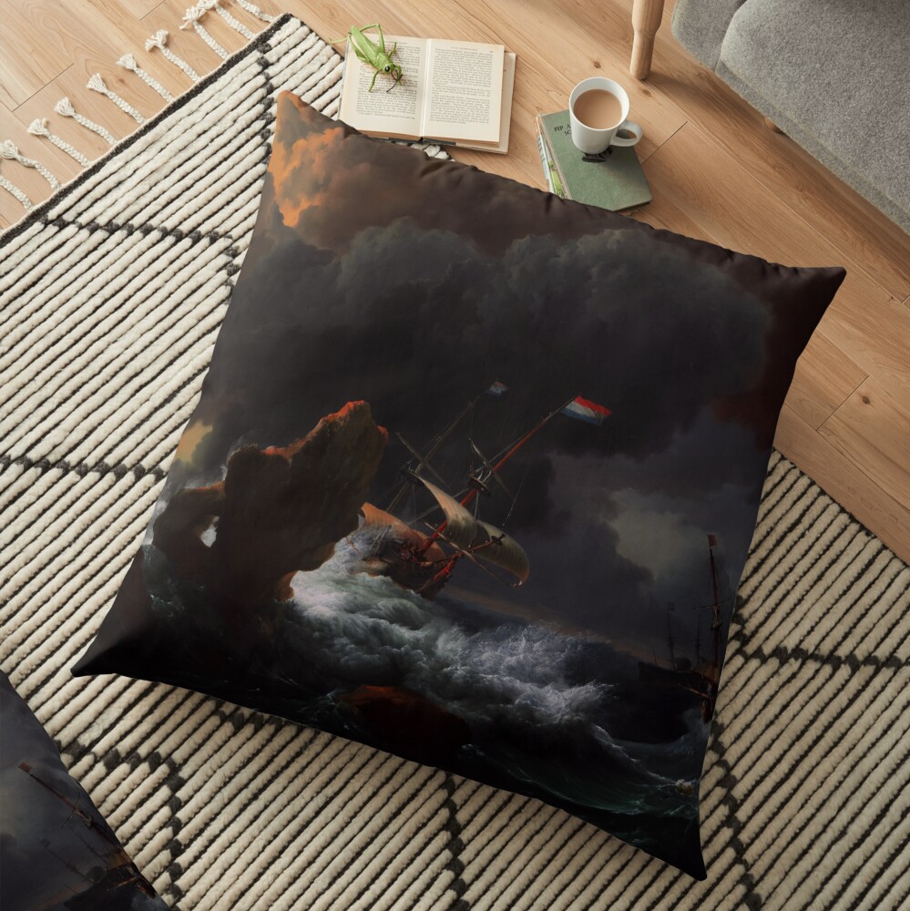 Ships In Distress Off A Rocky Coast by Ludolf Bakhuizen - Danger At Sea 3 Ships In Distress Off A Rocky Coast by Ludolf Bakhuizen Old Masters Classical Fine Art Reproduction Floor Pillow
