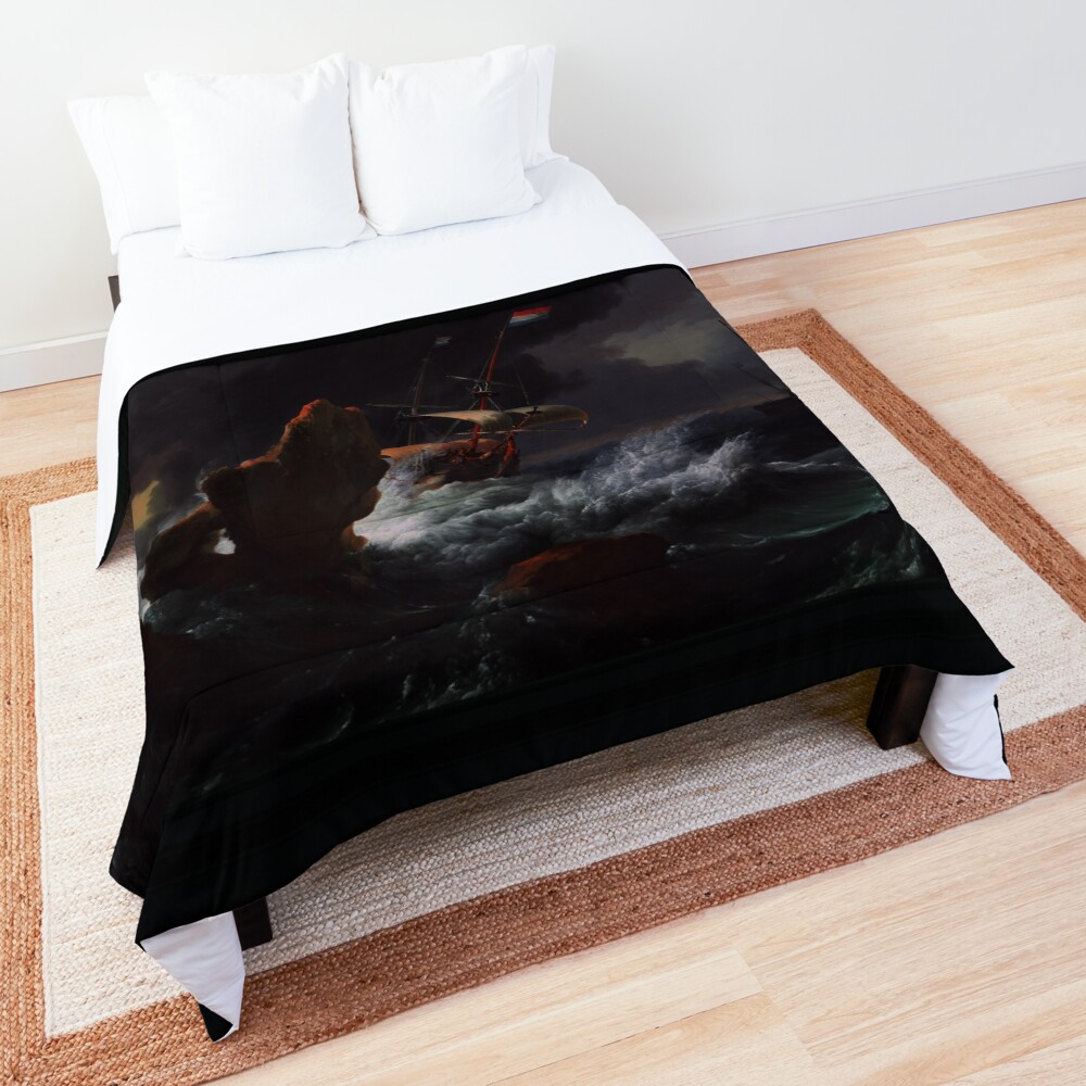 Ships In Distress Off A Rocky Coast by Ludolf Bakhuizen - Danger At Sea 2 Ships In Distress Off A Rocky Coast by Ludolf Bakhuizen Old Masters Classical Fine Art Reproduction Comforter