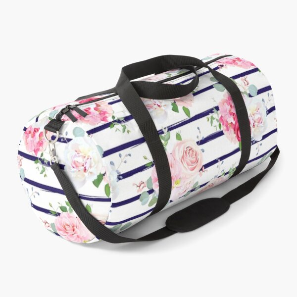 Pink Floral Roses & Blue Stripes Pattern Duffle Bag