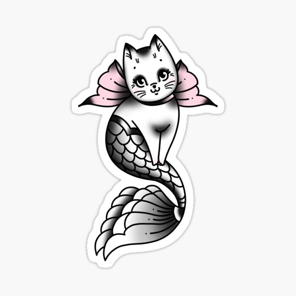 Item preview, Mermaid Cat Vintage Style Traditional Flash Tattoo  designed and sold by Ella Mobbs.