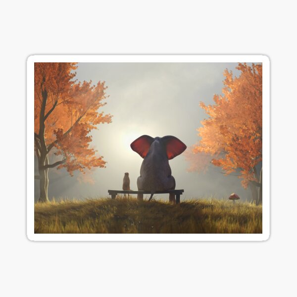 Elephant and Dog sit in the autumn garden 2 Sticker