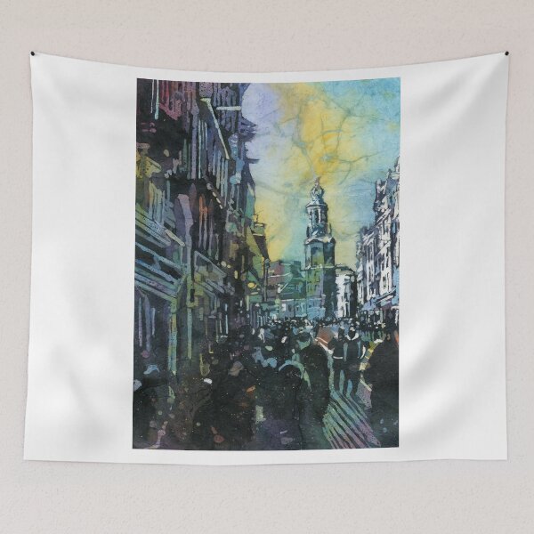 Item preview, Amsterdam, Netherlands at sunset. Watercolor batik Amsterdam skyline artwork designed and sold by rfoxphoto.