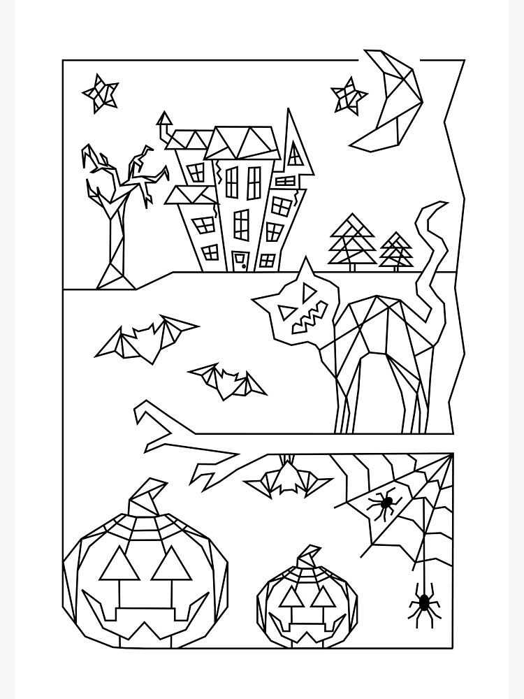"Geometric style line drawing of a Halloween scene, with a haunted house, pumpkin, a spooky cat