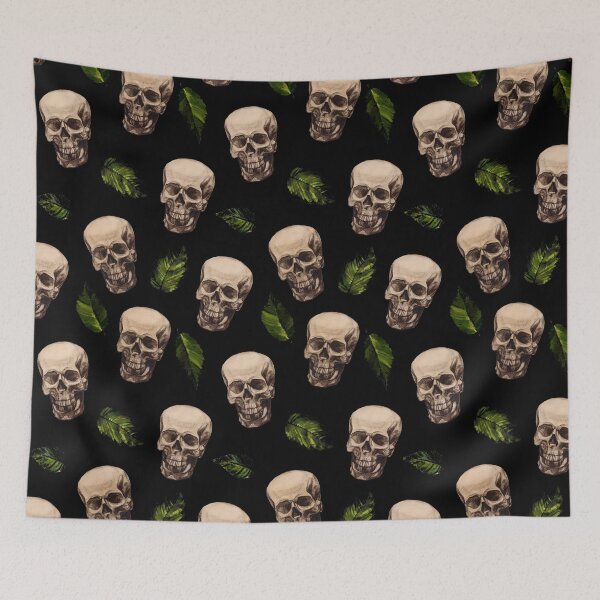 Item preview, Skulls with green leaves on dark background. Skull seamless pattern  designed and sold by Olgus.