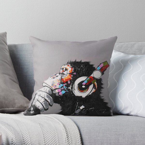 DJ Monkey With Headphones Thinking - Thinker chimp Throw Pillow