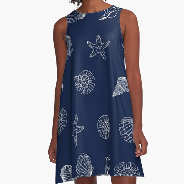 Pattern dark blue, navy, white, inspired on beautiful sea ocean marine coastal A-Line Dress