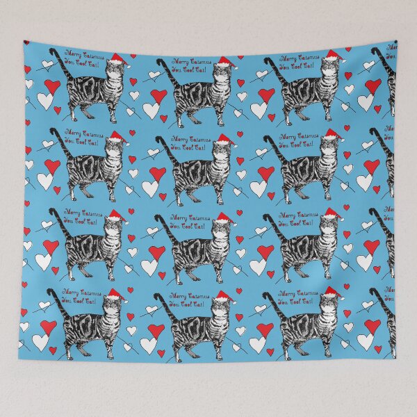 Item preview, Merry Christmas Cat Red Blue Tabby Pattern designed and sold by Sarah  Rajkotwala.