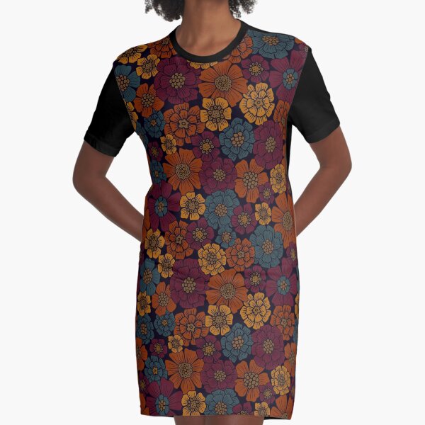 Dark Burgundy, Teal & Mustard Floral Graphic T-Shirt Dress