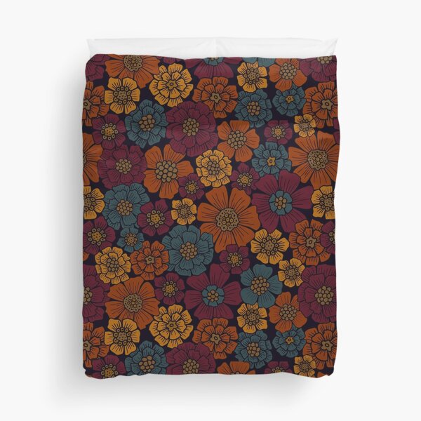 Dark Burgundy, Teal & Mustard Floral Duvet Cover