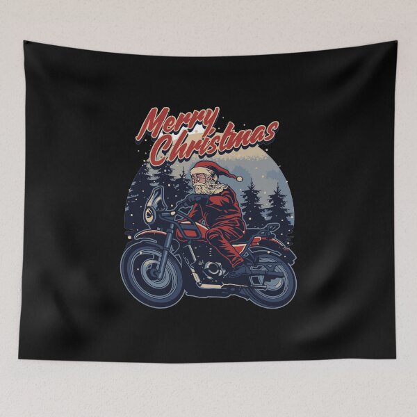 Aperçu de l'œuvre Ride Santa Funny Cool Badass Joyeux Noël Santa Claus Riding Scooter Moto avec Vintage Pine Tree Background Gift créée et vendue par MiscelChr.