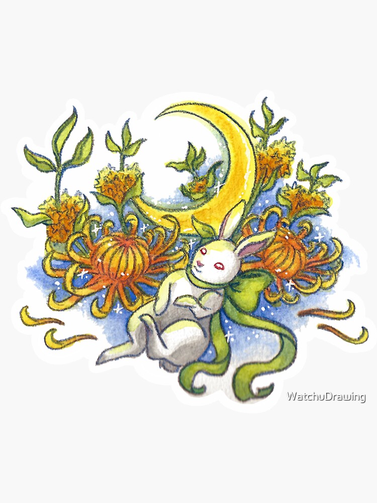 "Chrysanthemum Moon Bunny" Sticker for Sale by WatchuDrawing Redbubble