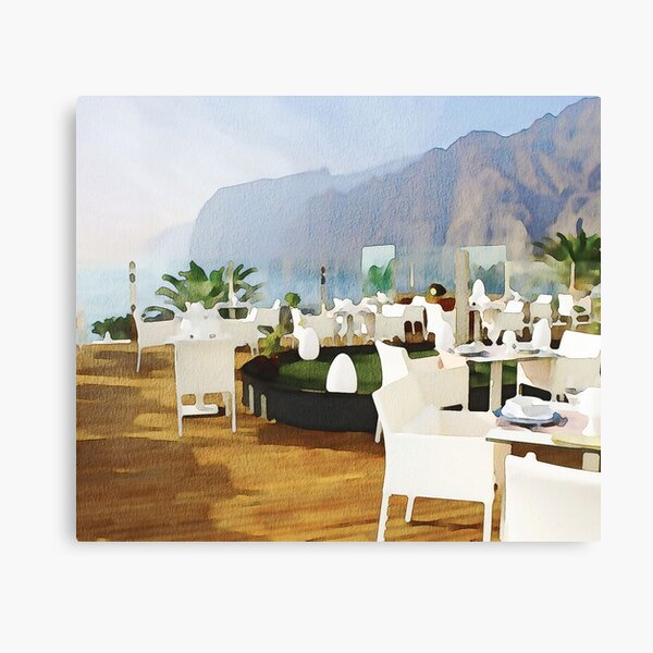 Item preview, Los Gigantes, Tenerife hotel restaurant with cliffs in the background. Watercolour effect designed and sold by Gerald Waters.