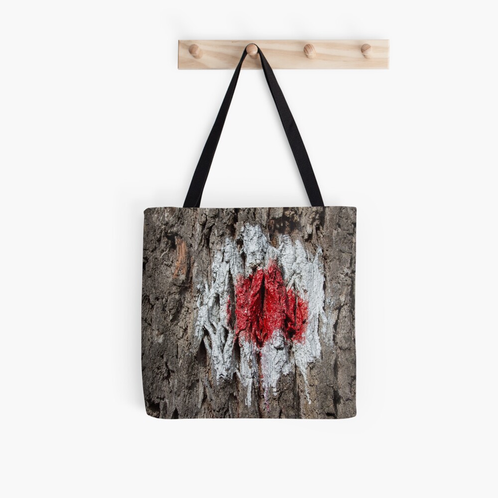 Forest tree, marked with red and white circle, wooded bark texture, original photography Tote Bag