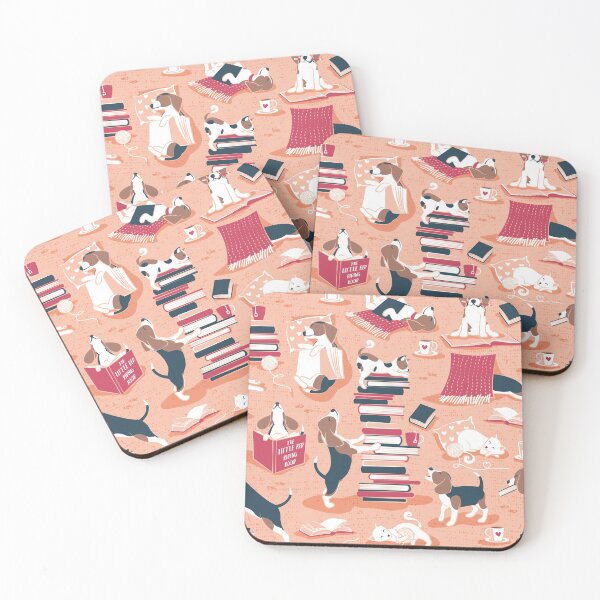 Item preview, Life is better with books a hot drink and a friend // flesh coral background brown white and blue beagles and cats and red cozy details designed and sold by SelmaCardoso.