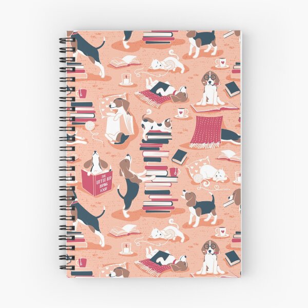 Item preview, Life is better with books a hot drink and a friend // flesh coral background brown white and blue beagles and cats and red cozy details designed and sold by SelmaCardoso.