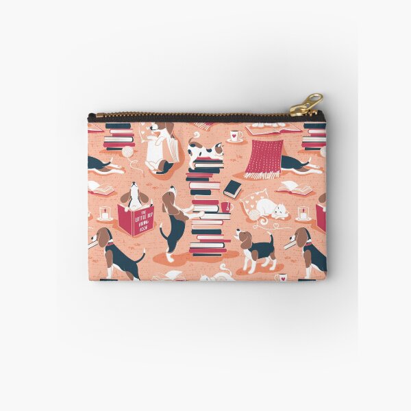 Item preview, Life is better with books a hot drink and a friend // flesh coral background brown white and blue beagles and cats and red cozy details designed and sold by SelmaCardoso.