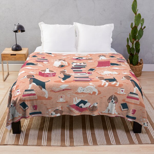 Item preview, Life is better with books a hot drink and a friend // flesh coral background brown white and blue beagles and cats and red cozy details designed and sold by SelmaCardoso.