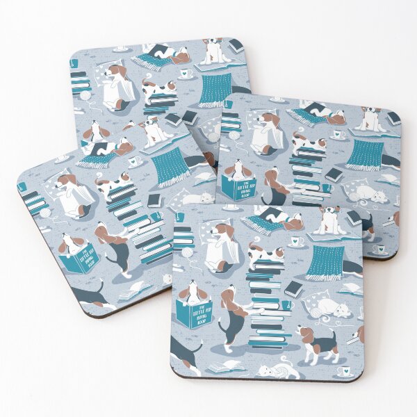 Item preview, Life is better with books a hot drink and a friend // blue background brown white and blue beagles and cats and turquoise cozy details designed and sold by SelmaCardoso.