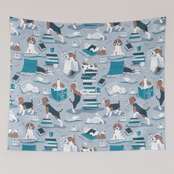 Item preview, Life is better with books a hot drink and a friend // blue background brown white and blue beagles and cats and turquoise cozy details designed and sold by SelmaCardoso.
