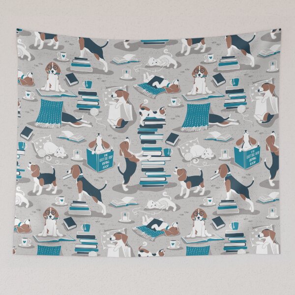 Item preview, Life is better with books a hot drink and a friend // beige background brown white and blue beagles and cats and turquoise cozy details designed and sold by SelmaCardoso.