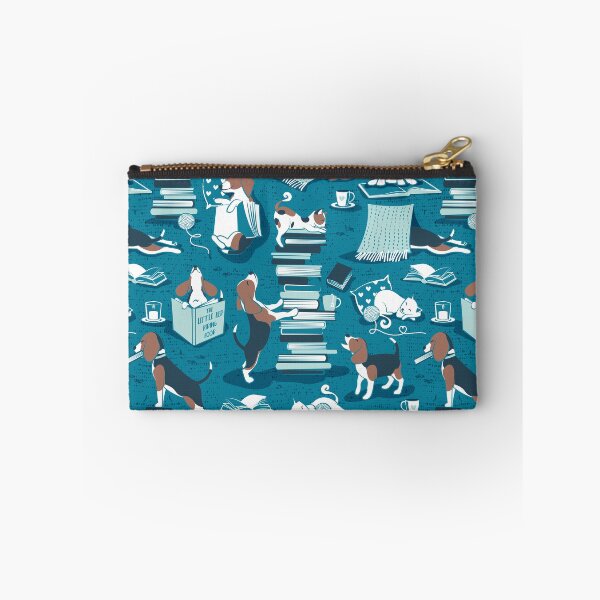 Item preview, Life is better with books a hot drink and a friend // turquoise background brown white and blue beagles and cats and aqua cozy details designed and sold by SelmaCardoso.