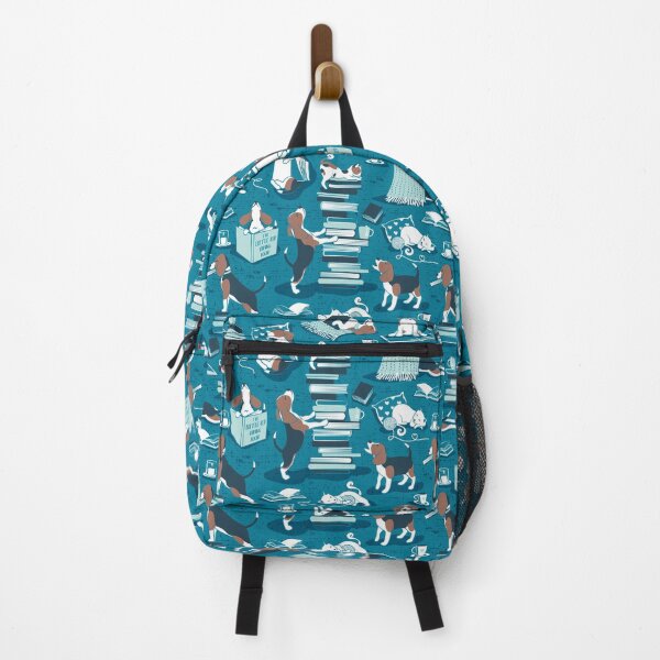 Item preview, Life is better with books a hot drink and a friend // turquoise background brown white and blue beagles and cats and aqua cozy details designed and sold by SelmaCardoso.