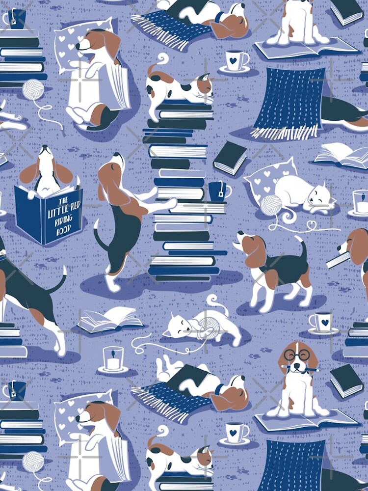 Life is better with books a hot drink and a friend // indigo blue  background brown white and blue beagles and cats and classic blue cozy  details Coffee Mug by Selma Cardoso